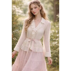 Y2K Euro Fairy Cream Chiffon Ruffle Lace Blouse Romantic Vintage L Coquette